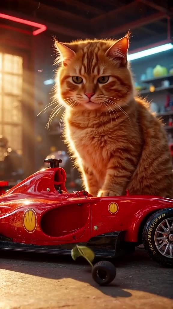 A fluffy orange tabby cat sits proudly beside a sleek red Formula 1 car in a neon-lit gar…