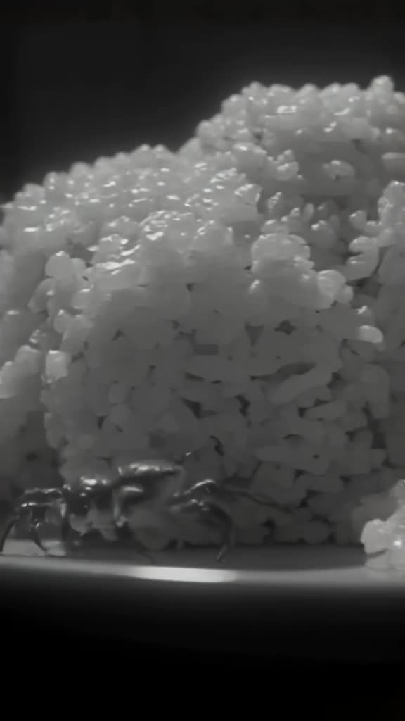 A tiny crab walks across a plate of sushi, looking like a mountain. The rice grains are m…