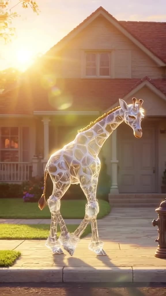 A translucent glass giraffe steps delicately onto a pristine suburban sidewalk in golden …