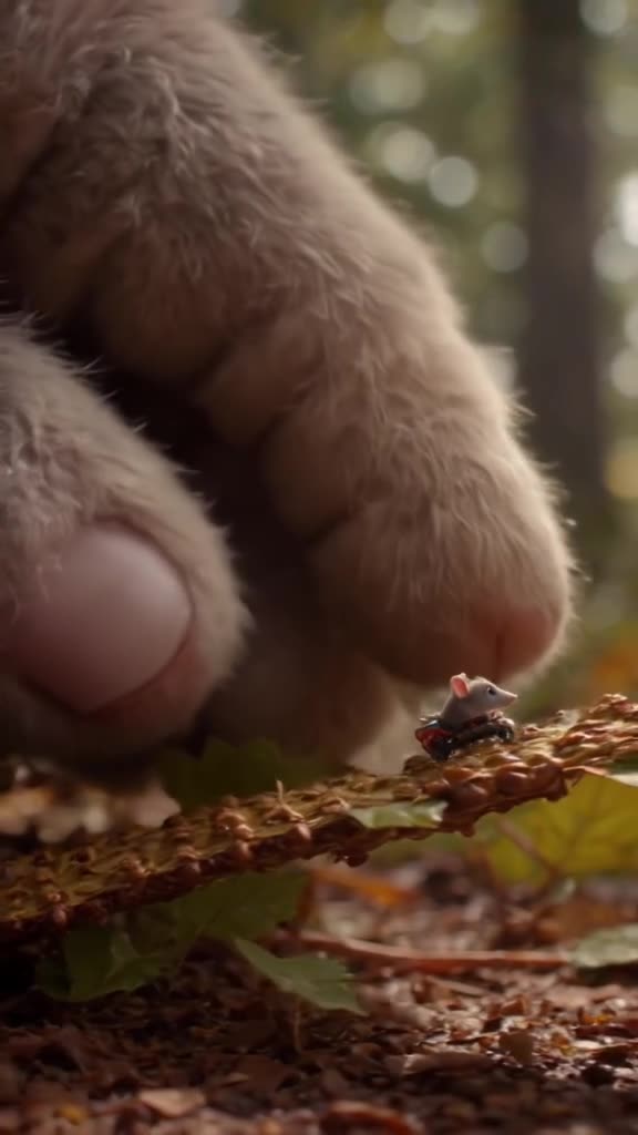 A tiny mouse drives a toy car made of a walnut shell. A giant paw (cat’s) gently blocks t…
