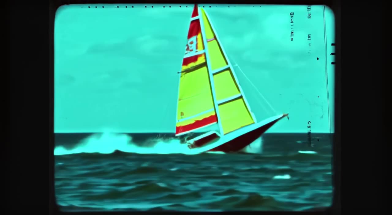 A retro 1990s VHS recording of a sailboat racing, but the wind is so strong it blows the …