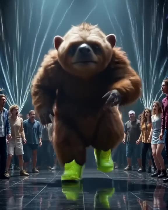 A giant sloth in neon yellow sneakers sprints across a glossy black dance floor, moving i…