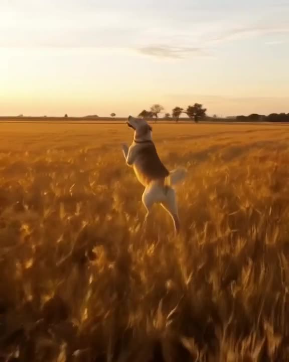 A Labrador retriever catches a falling frisbee mid-air in a golden wheat field at sunset.…