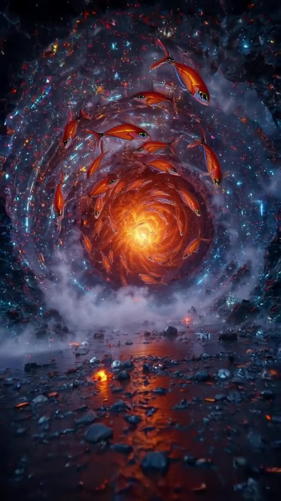 A school of neon fish forms a swirling, hypnotic vortex above a volcanic crater. Steam bu…