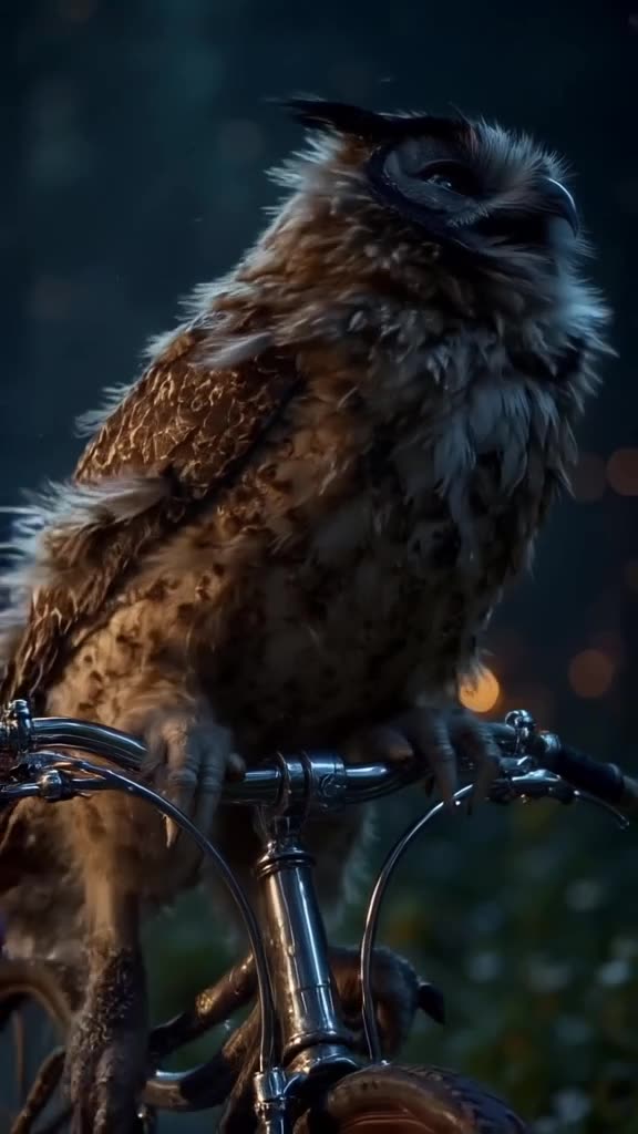 An owl perches on the handlebars of a classic bike, hooting in rhythm to a folk song. Moo…