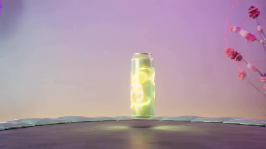 A sleek product shot of a glowing energy drink can. A drop hits the table, and the table …