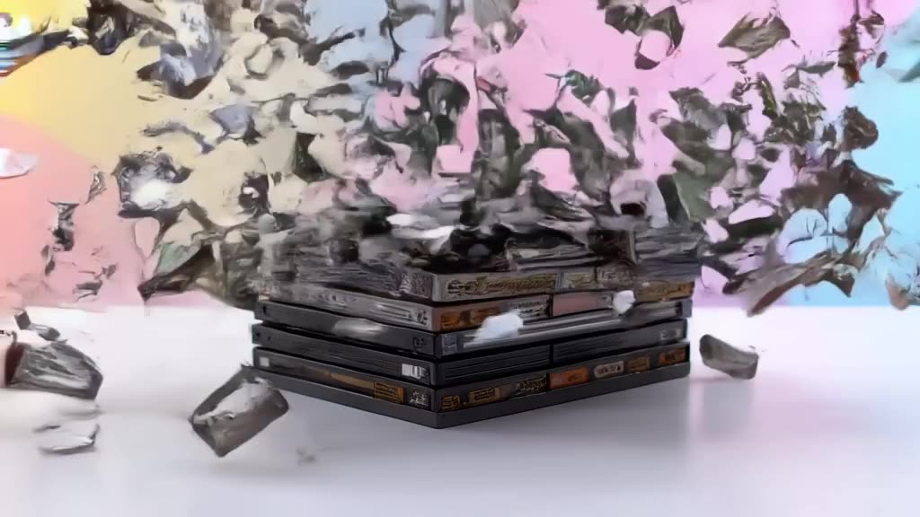 A stack of old cassette tapes spontaneously shreds into confetti, reforming as a sleek mo…