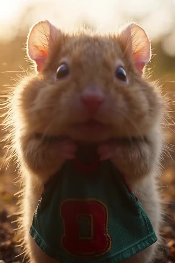 Extreme close-up of a hamster squeezing into a tiny basketball jersey. It puffs its cheek…