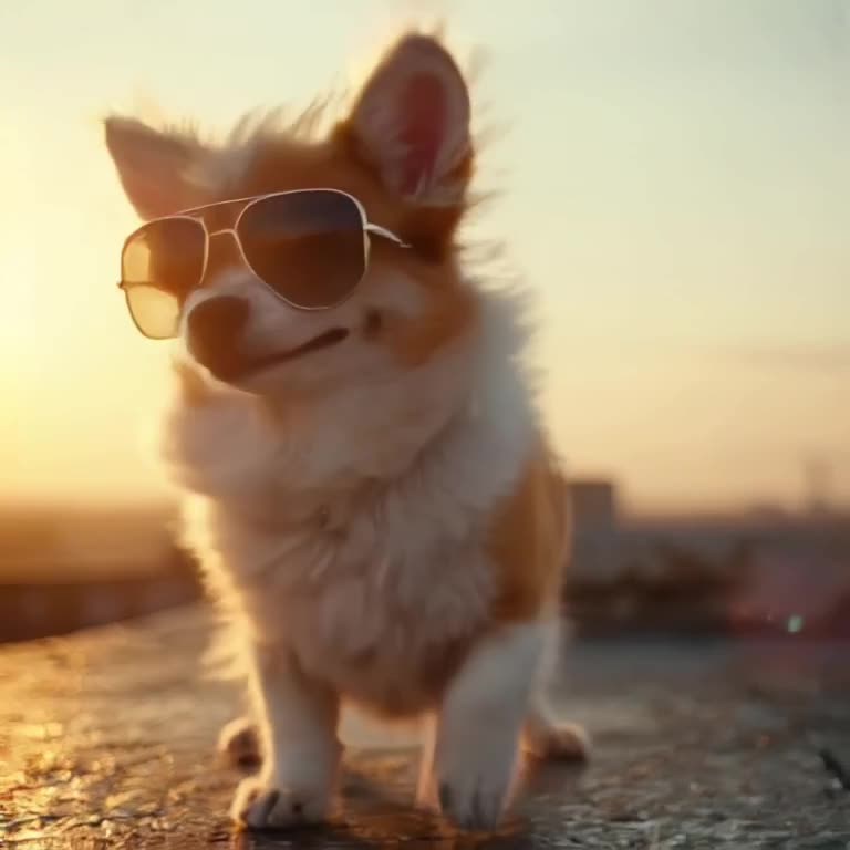 A tiny corgi wearing oversized aviator sunglasses dances on a rooftop at golden hour. The…