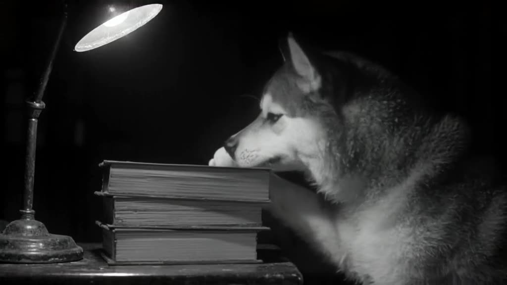 A Shiba Inu carefully places a single tennis ball onto a stack of vintage books. The room…