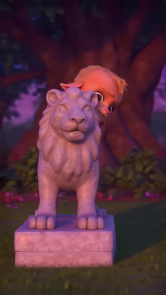 A baby goat rests its head on a marble lion statue, pretending to be brave. Soft evening …