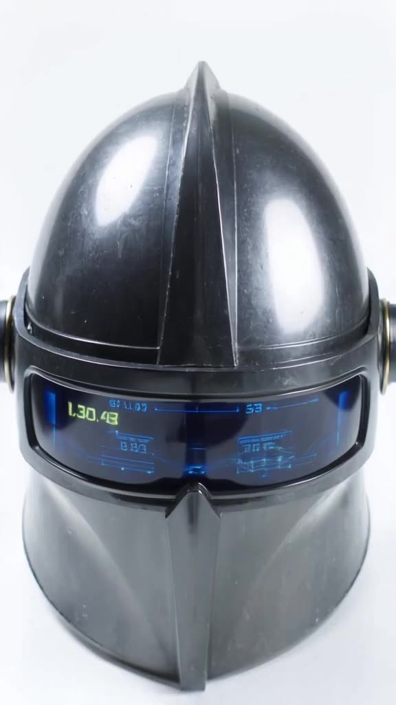 A close-up product shot of a medieval helmet with a built-in AR display showing live matc…