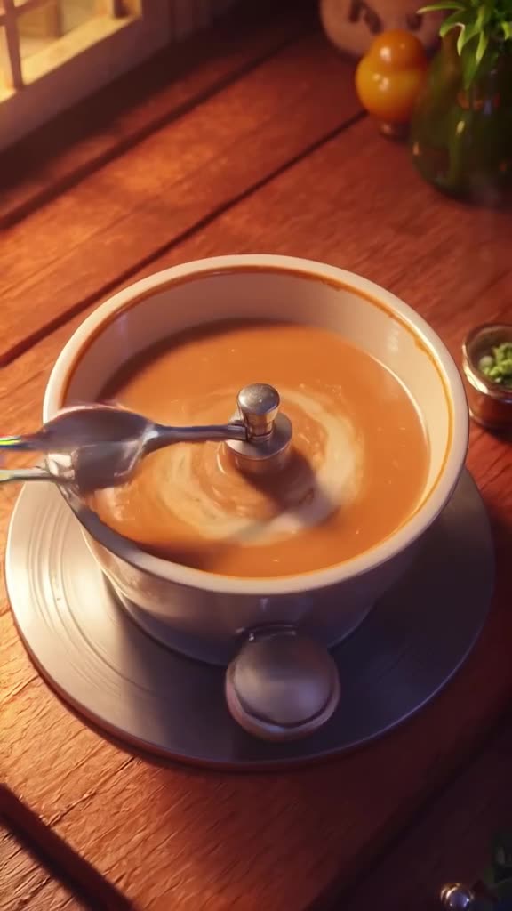 A turntable needle turns into a giant silver spoon stirring a cup of coffee. The coffee s…