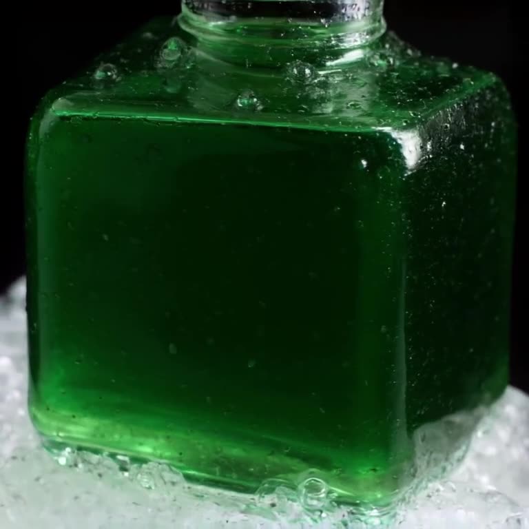 A bottle of aquavit sits on ice. Condensation droplets slide down slowly in macro detail.…