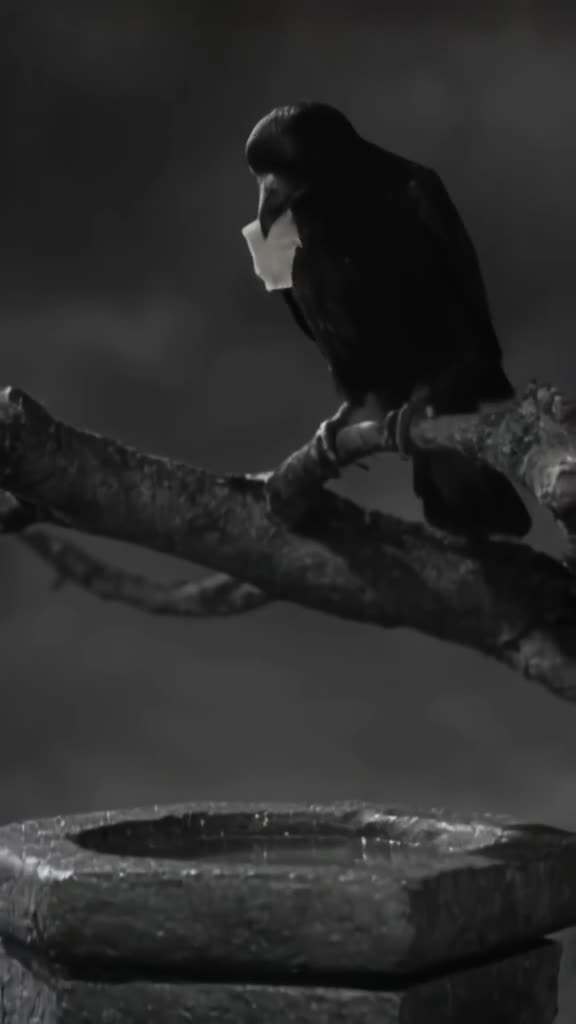 A raven perches on a gnarled branch. It hoots, and a key drops from its beak onto a stone…