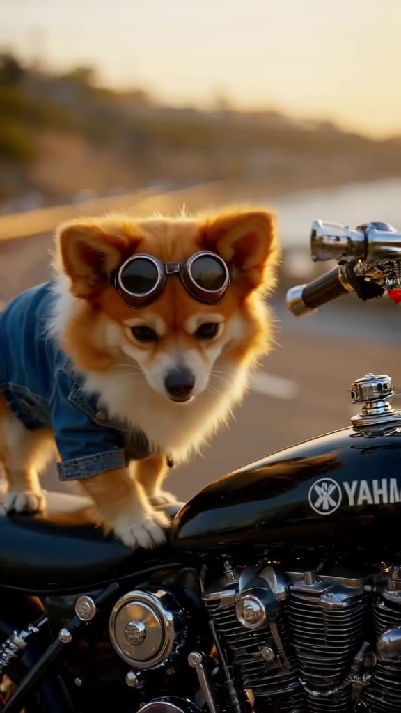 A fluffy corgi wearing tiny leather goggles and a miniature denim jacket does a smooth mo…
