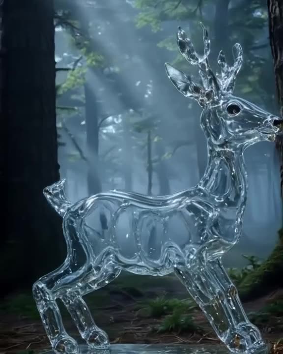 A translucent glass deer made of swirling stained glass steps out of a dense, foggy fores…