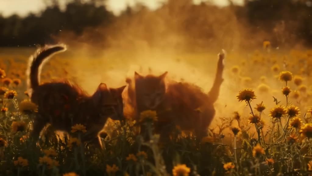 A group of three playful kittens tumble through a field of marigold flowers, kicking up c…