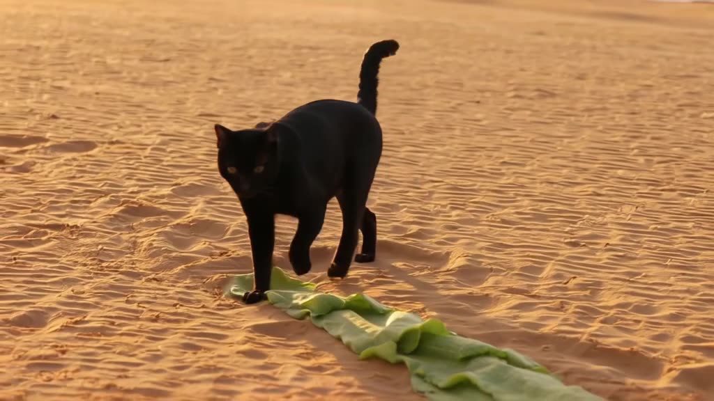 A sleek black cat walks past a cucumber that slowly unrolls like a carpet. The cat follow…