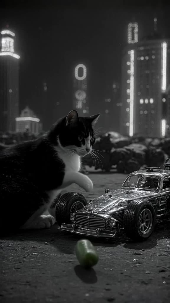 A black and white cat sits next to a hyper-realistic race car model. As a cucumber rolls …