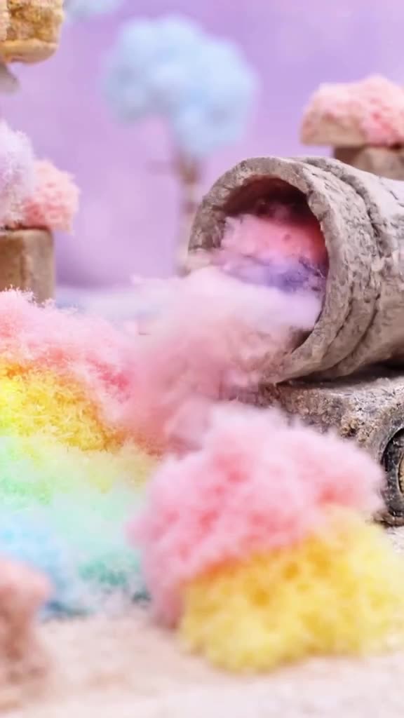 A concrete mixer truck churns out rainbow-colored marshmallow fluff instead of cement. A …