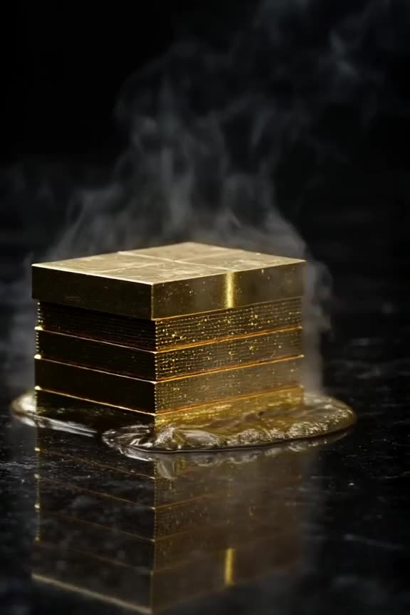 A stack of gold bars melts slowly into a puddle of liquid gold, reflecting neon city ligh…