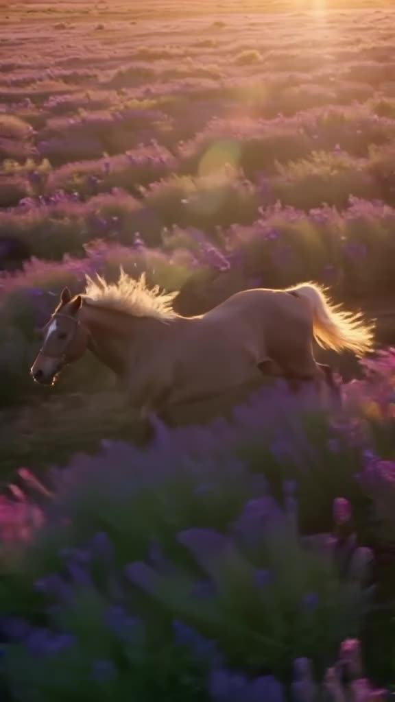 A horse gallops through a field of tall lavender, its mane flowing like silk in slow moti…