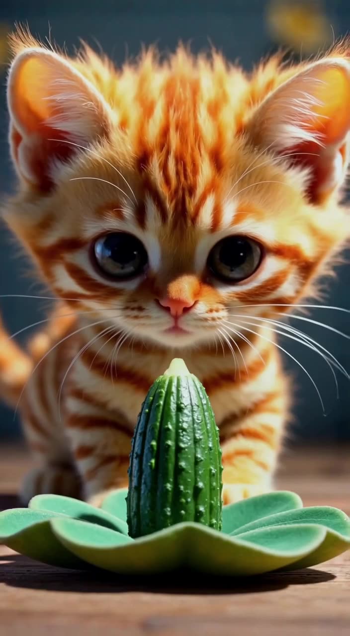 A tiny orange tabby kitten stares intently at a cucumber shaped like a lotus flower. As i…