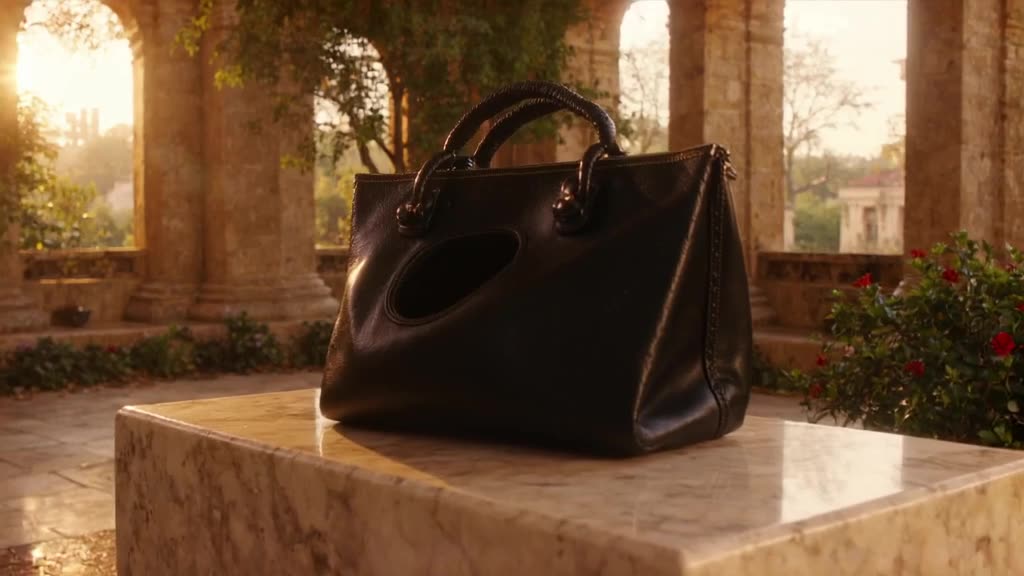 A sleek black leather handbag sits on a marble pedestal in a sun-drenched atrium. Suddenl…