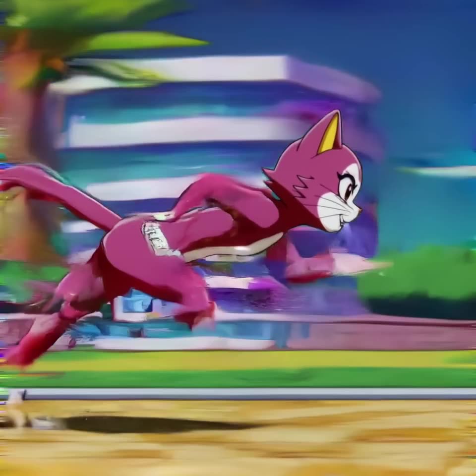 Anime-style cat sprinter in a blur of motion. A cucumber blocks the path. The cat stops i…
