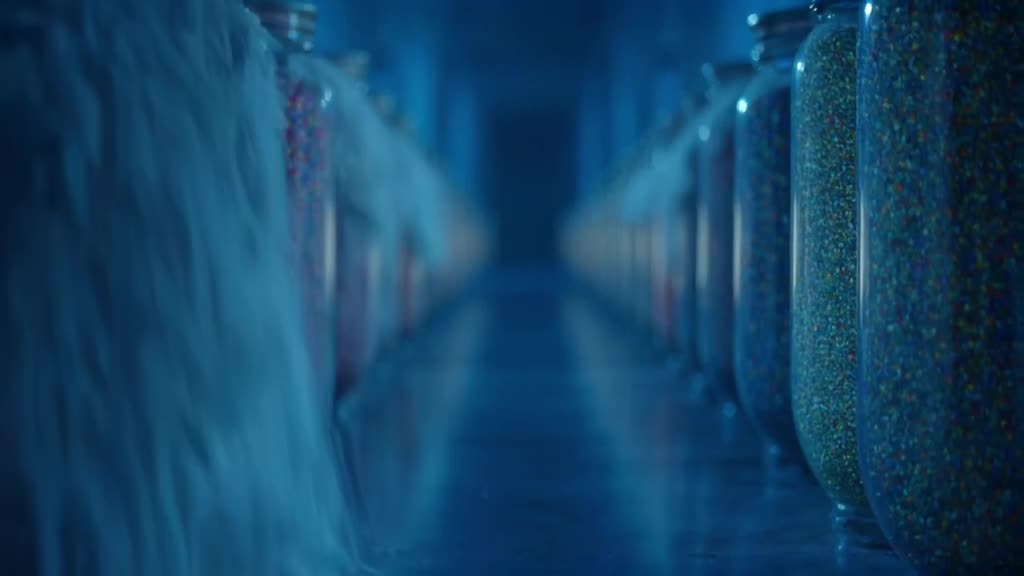 A skateboard rolls through a hallway lined with glowing glass jars filled with colorful s…