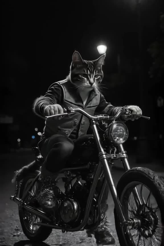 A cat wearing a tiny biker vest sits on a cafe racer, tail twitching to the beat of rock …