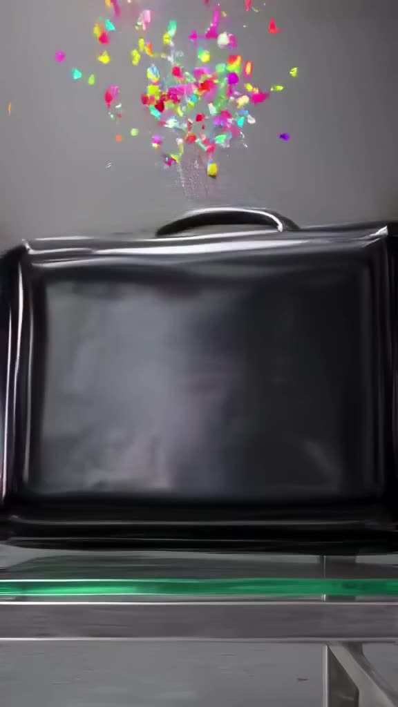A glossy black briefcase rests on a glass table. It suddenly vibrates violently, then exp…