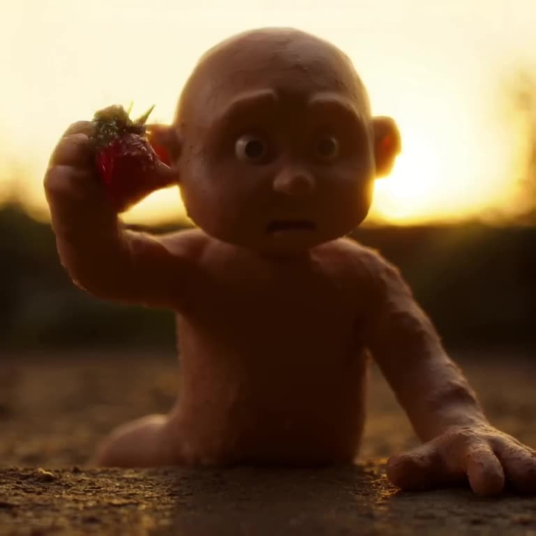 A tiny person tries to lift a single strawberry seed like a weight. Their face shows stra…
