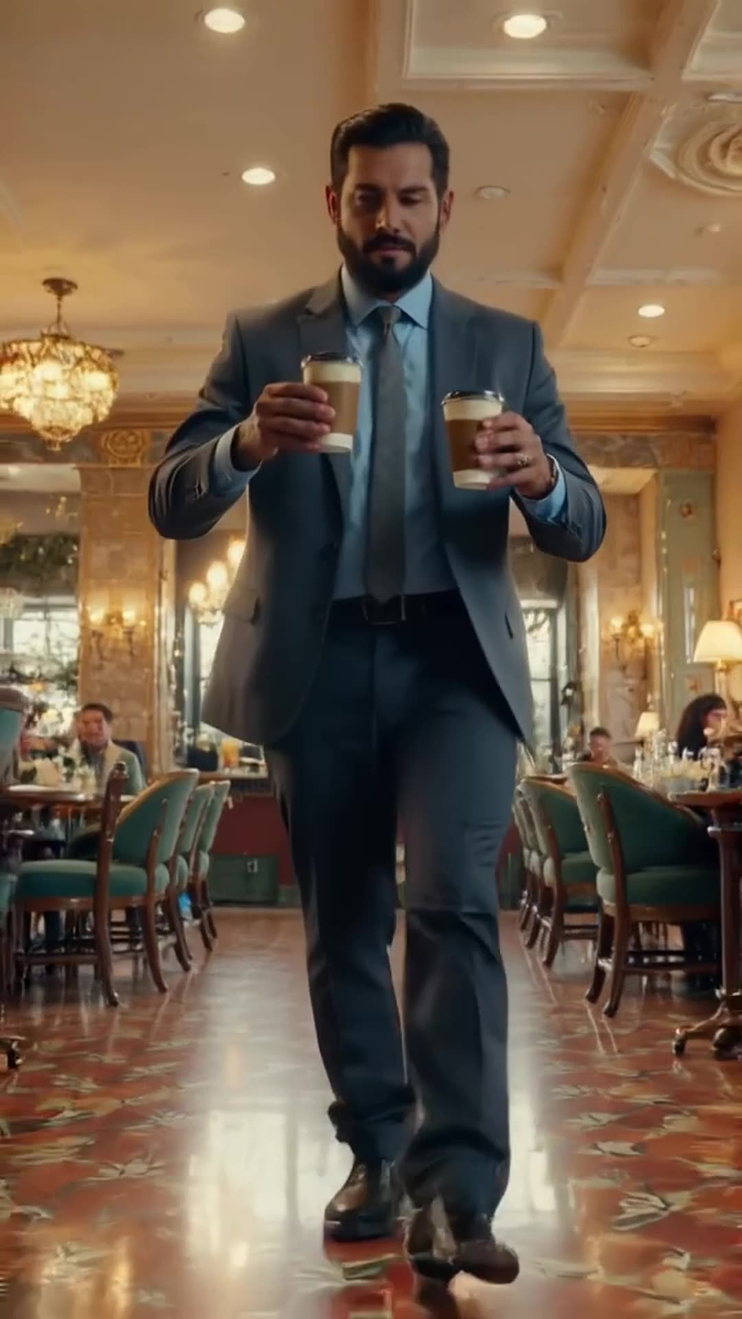 A man confidently walks into a fancy café carrying two coffees, slips on a single ice cub…