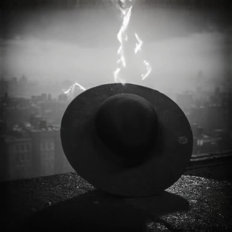 A black and noir detective’s hat sits on a rainy rooftop. Lightning strikes it, transform…