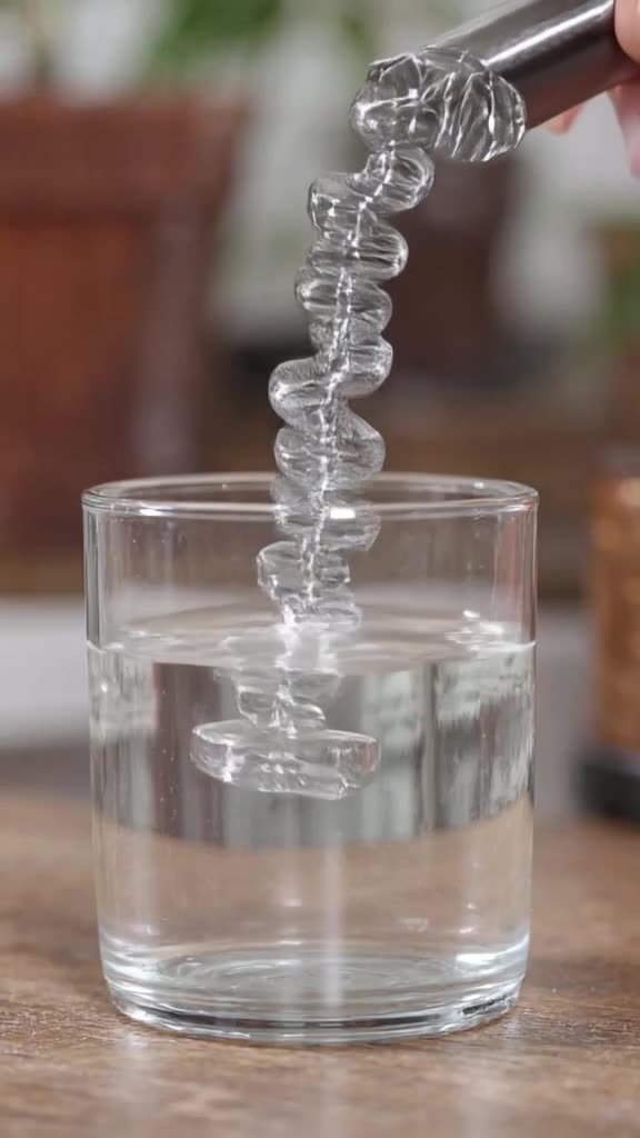 A beaker of clear liquid sits on a desk. A magnet is brought close, and the liquid rises …
