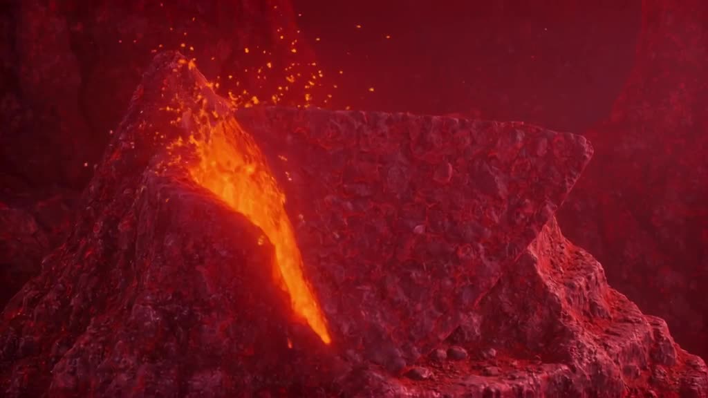 A slice of cake is revealed to be a cross-section of a volcano, with glowing orange lava …