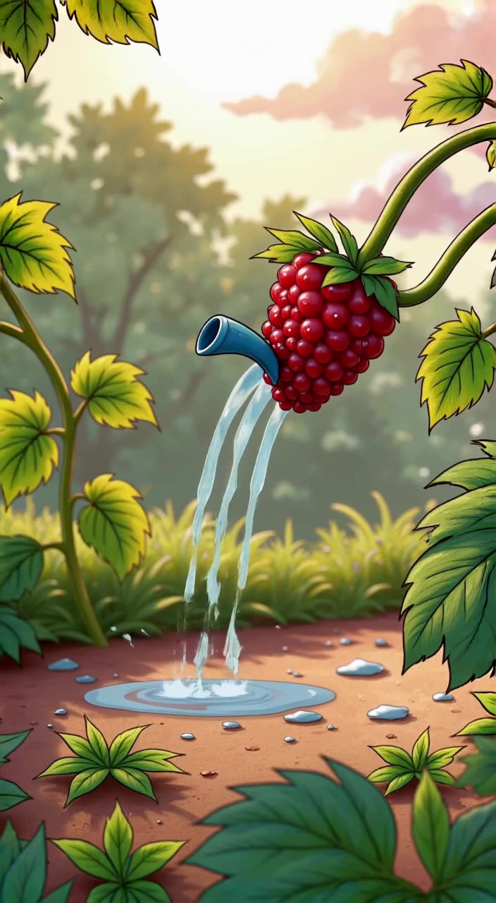 A tiny gardener waters a giant raspberry with a watering can shaped like a spoon. Dewdrop…