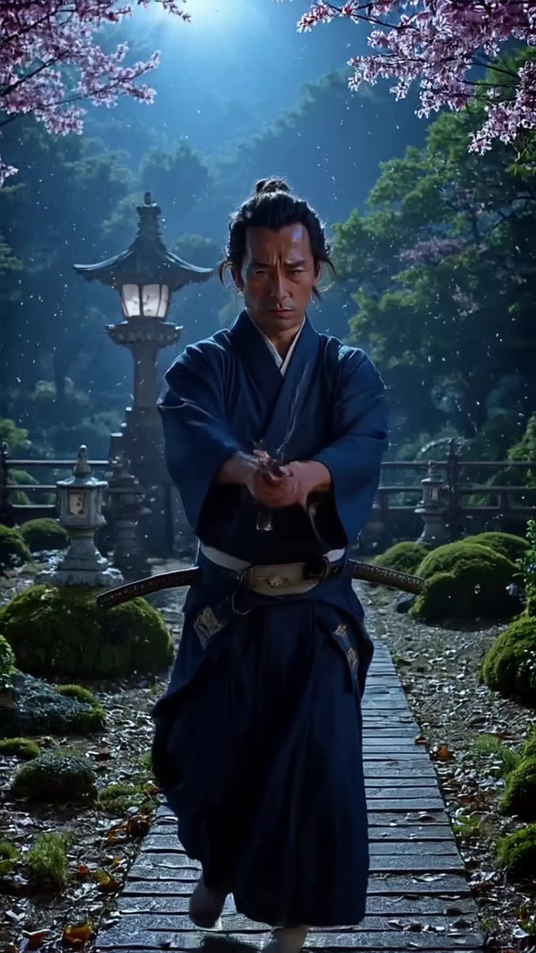 A stoic samurai stands in a moonlit garden, swiftly drawing his katana to slice a falling…