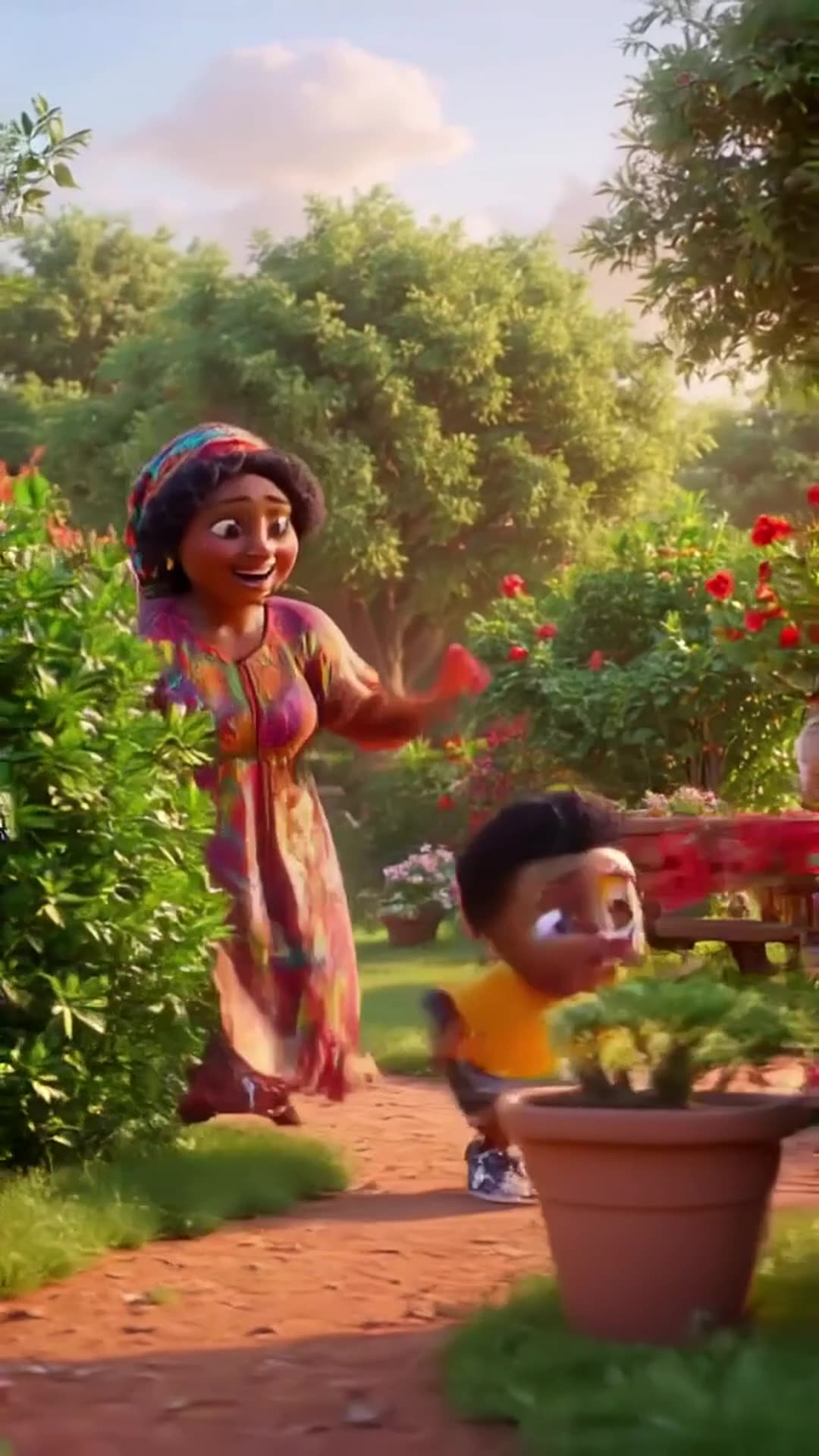 Create a colorful 3D animated children's story inspired by the traditional Sudanese child…