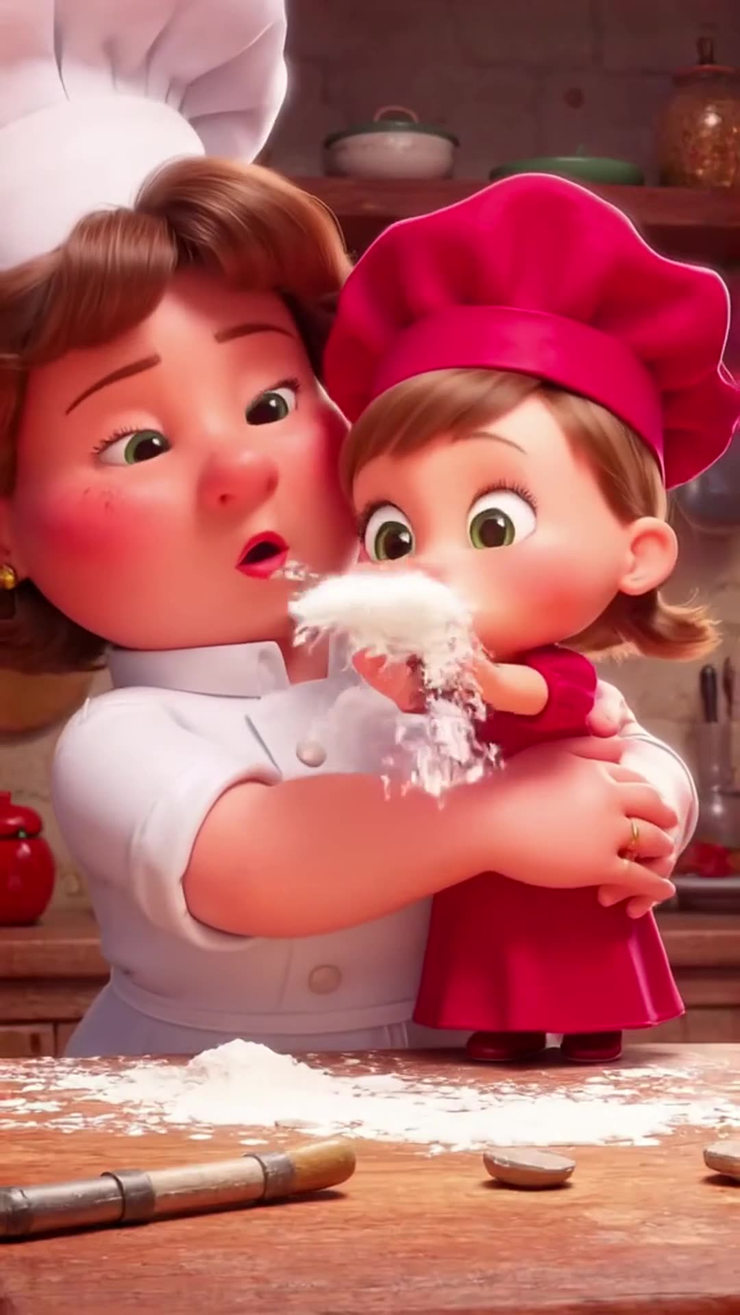 5-second 3D cartoon animation. A mom chef in a white uniform and red hat and her little d…